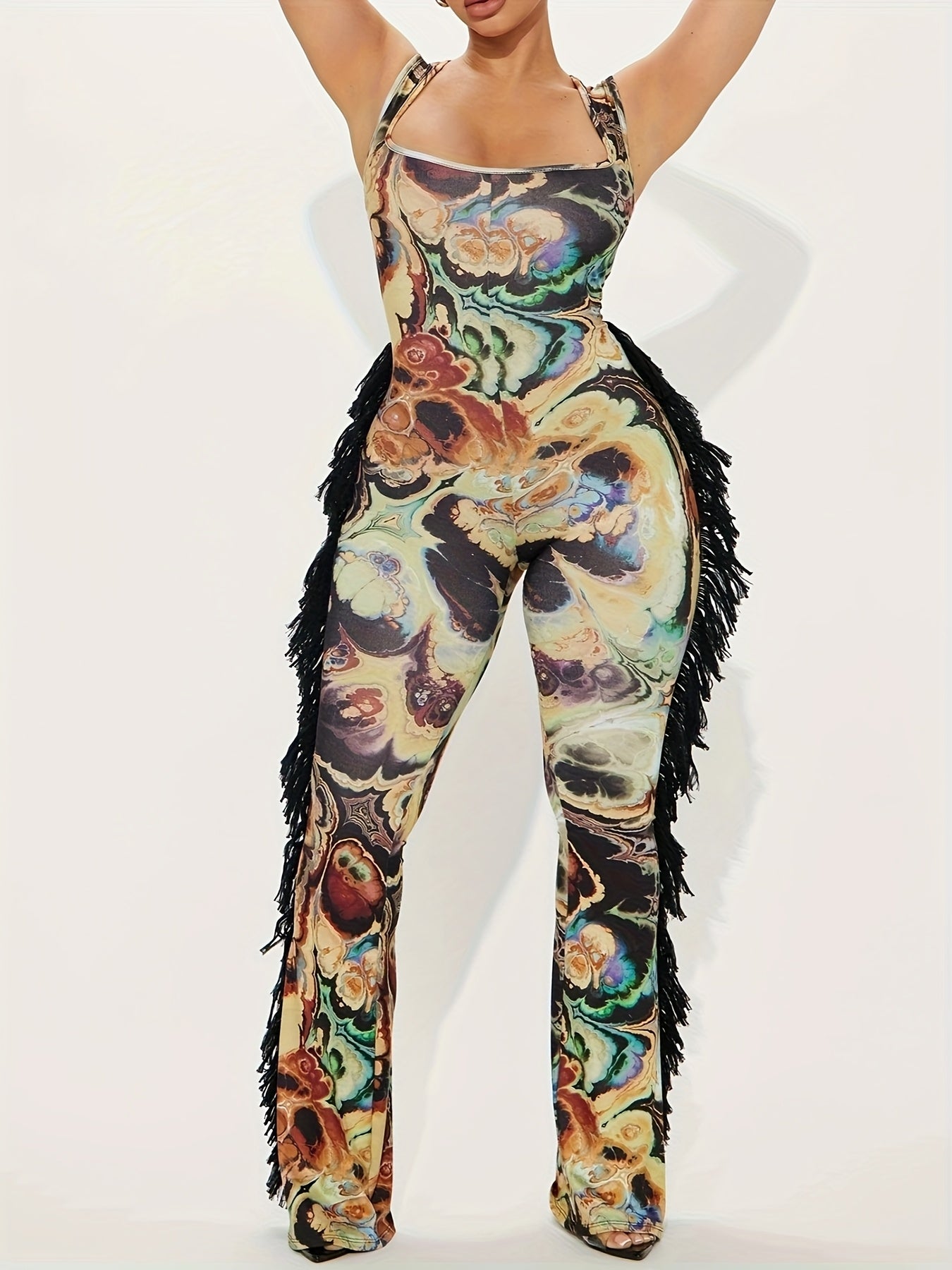 Print Sleeveless Jumpsuit for Women - Elegant V-Neck with Floral Print, Fringe Detail, and Ruffled Hem, Perfect for Summer, Allseason Jumpsuit|Vneck Jumpsuit|Trendy Women'S Jumpsuit